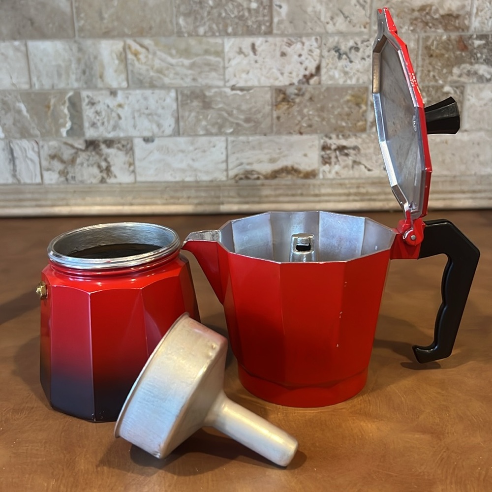 Red Stovetop Espresso Maker ; 7 inches tall; used condition,some paint chipped - Picture 3 of 3